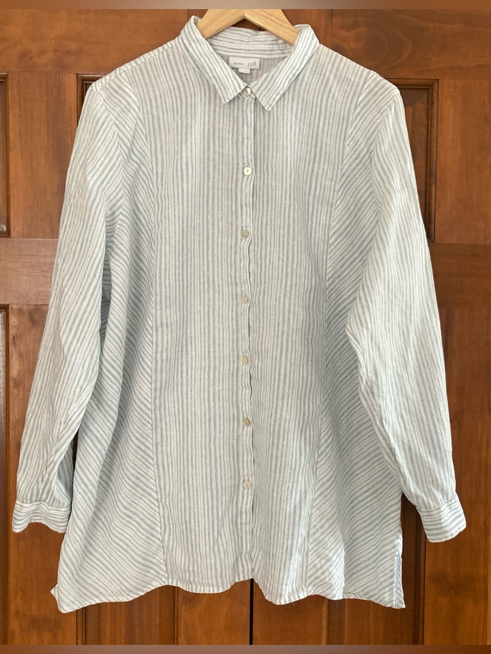 J. Jill Light Blue and White Striped Linen Button-Down Shirt